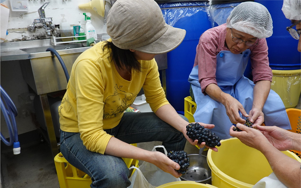 ボランティアさんと仕込み作業。手で潰したほうが美味しくなるという